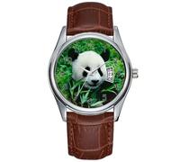 Orologio da uomo casual impermeabile al quarzo orologio data classico business marrone pelle orologio da polso natalizio panda gigante cucciolo mangia bambù nel cespuglio, orologio da polso, Marrone,