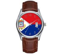 Orologio da uomo casual impermeabile al quarzo orologio data classico business marrone pelle orologio da polso bandiera di Sint Maarten orologi, Marrone, Commerciale