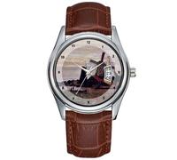 Orologio da uomo casual impermeabile al quarzo orologio data classico business marrone pelle orologio da polso Natale impressionismo mulino a vento a Zaandam - Claude Monet orologi da polso, Marrone,