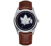 Orologio da uomo casual impermeabile al quarzo orologio data classico business marrone pelle orologio da polso cromato come foglia d'acero su fibra di carbonio nero orologio da polso, Marrone,