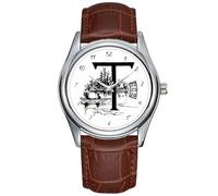 Orologio da uomo casual impermeabile al quarzo orologio data classico business marrone pelle orologio da polso natalizio The Fancy Letter T orologi da polso, Marrone, Commerciale