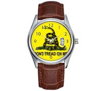 Orologio da uomo casual impermeabile al quarzo orologio data classico business marrone pelle orologio da polso natalizio Gadsden bandiera non calpestare su di me orologi da polso politici, Marrone,
