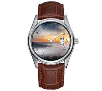 Orologio da uomo casual impermeabile al quarzo orologio data classico business marrone pelle orologio da polso Natale nebbia sulle montagne del Giappone durante gli orologi alba, Marrone, Commerciale