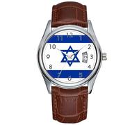 Orologio da uomo casual impermeabile al quarzo orologio data classico business marrone pelle orologio da polso natale bandiera del paese Israele ebreo David Star orologio, Marrone, Commerciale