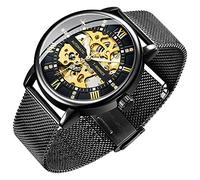 Orologio da uomo con scheletro classico numeri romani Steampunk meccanico a carica manuale, da uomo, colore: blu Nero e oro.