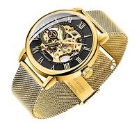 Orologio da uomo con scheletro classico numeri romani Steampunk meccanico a carica manuale, da uomo, colore: blu Oro e nero.