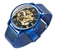 Orologio da uomo con scheletro classico numeri romani Steampunk meccanico a carica manuale, da uomo, colore: blu Blu e nero.