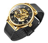 Orologio da uomo con scheletro classico numeri romani Steampunk meccanico a carica manuale Nero e oro.