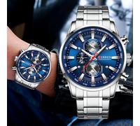 Orologio da uomo Curren Top Luxury Brand quadrante grande orologi da uomo al quarzo blu cronografo sportivo orologio da polso uomo in acciaio inossidabile con data Silver blue