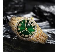 Orologio da uomo di lusso con strass hip-hop, numeri romani data graduata in acciaio inossidabile chiusura pieghevole orologio da uomo con bracciale