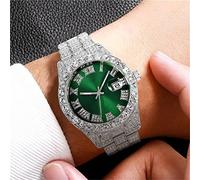 Orologio da uomo di lusso con strass hip-hop, numeri romani data graduata in acciaio inossidabile chiusura pieghevole orologio da uomo con bracciale