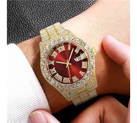 Orologio da uomo di lusso con strass hip-hop, numeri romani data graduata in acciaio inossidabile chiusura pieghevole orologio da uomo con bracciale