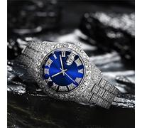 Orologio da uomo di lusso con strass hip-hop, numeri romani data graduata in acciaio inossidabile chiusura pieghevole orologio da uomo con bracciale