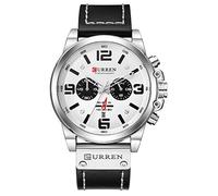 Orologio da uomo al quarzo, stile militare, con cronometro, impermeabile, in pelle, cronografo, alla moda, colore: argento e bianco, Argento e bianco, alla moda