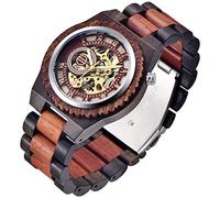 Orologio da uomo in legno con scheletro cavo, movimento automatico, numeri arabi, a carica automatica, orologi da uomo, Rosso e nero., Meccanico, a carica automatica