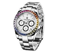 Orologio da uomo Orologio sportivo multifunzione Movimento cronografo al quarzo Giappone VK63 Cinturino in acciaio inox impermeabile 100M (Bianco arcobaleno PQ-1644)