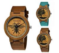 Orologio da uomo realizzato a mano in legno Germany® Designer orologio da polso in legno ecologico naturale orologio da polso in pelle Save The Bees analogico classico orologio al quarzo marrone con api Ape Bee natura motivo Limitato.