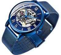 Orologio da uomo scheletro classico con numeri romani Steampunk orologio meccanico a vento a mano da uomo (blu), Blu, Orologio scheletro, meccanico