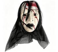 Orologio dell’orrore di Halloween Maschera da suora spaventosa Parrucca nera in plastica Cappuccio a rete Maschera integrale con stampa insanguinata per adulti Festa a tema fantasma mascherata