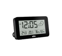 Orologio digitale con stazione meteorologica Braun con temperatura e umidità interna ed esterna, previsioni, display LCD, impostazione rapida, allarme sonoro in crescendo, colore nero, modello BC13BP.