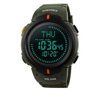 Orologio digitale da uomo, militare, sportivo, con bussola di sopravvivenza, impermeabile fino a 50 m, conto alla rovescia 3 allarmi, cronometro (C-nero) (verde militare)