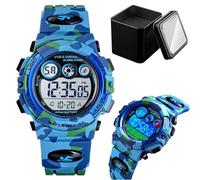 Orologio Digitale Mimetico per Bambini, Impermeabile 50M, Sportivo da Esterno con Luce LED, Sveglia, Cronometro, Data, Giorno, Timer, Cinturino PU, Leggero per Ragazzi(Light blue camo)