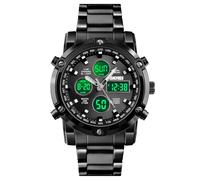 Orologio Digitale Multifunzione da Uomo, Cinturino in Acciaio Nero, Triplo Fuso Orario, Cronometro, Timer, Luce EL, Allarme, Calendario, Impermeabile 30M