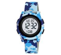 Orologio Digitale per Bambini, Impermeabile 50M, Sportivo con Luce LED, Sveglia, Data, Cronometro, Giorno della Settimana, Formato 12/24h, Cinturino PU Comodo(Blue camo)