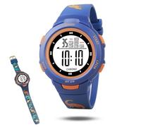 Orologio digitale per bambini. Impermeabile. Allarme. Cronometro. LED 5 6 7 8 9 10 anni - Cinturino in silicone calcio Dino Unicorno Piccoli Calciatori - Soccer Watch, blu, Dinosauro