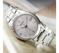 Orologio elegante uomo Seiko quarzo argento quadrante bianco bracciale acciai...