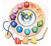 Orologio in legno con pizzo e apprendimento per bambini, forme, colori, lacci e tempo di rivelazione, si illuminano al buio abilità motorie sottili e giocattoli in legno con e-book