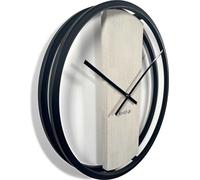 FLEXISTYLE Orologio da parete grande senza ticchettio, ovale, in metallo, nero, 3D, XXL, moderno, in legno, bagno, soggiorno, diametro 50 cm, rovere sbiancato