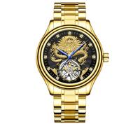 Orologio meccanico automatico da uomo Tourbillon scavato di lusso con quadrante intagliato con motivo drago dorato, orologio da polso con scheletro a scala di diamanti, cinturino impermeabile in