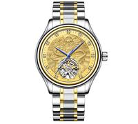 Orologio meccanico automatico da uomo Tourbillon scavato di lusso con quadrante intagliato con motivo drago dorato, orologio da polso con scheletro a scala di diamanti, cinturino impermeabile in