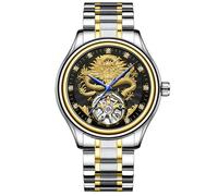Orologio meccanico automatico da uomo Tourbillon scavato di lusso con quadrante intagliato con motivo drago dorato, orologio da polso con scheletro a scala di diamanti, cinturino impermeabile in
