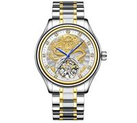 Orologio meccanico automatico da uomo Tourbillon scavato di lusso con quadrante intagliato con motivo drago dorato, orologio da polso con scheletro a scala di diamanti, cinturino impermeabile in