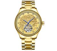 Orologio meccanico automatico da uomo Tourbillon scavato di lusso con quadrante intagliato con motivo drago dorato, orologio da polso con scheletro a scala di diamanti, cinturino impermeabile in