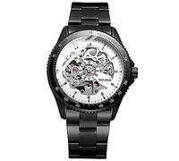 Orologio meccanico classico di lusso con quadrante scheletro automatico e cinturino in acciaio inox nero per uomo Bracciale MEDIANO Sfera bianca