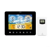 Orologio meteo interattivo con touch screen, fornisce informazioni su temperatura interna ed esterna, umidità e tramonto all'alba