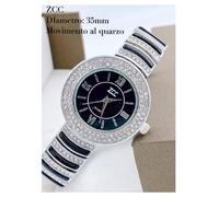 OROLOGIO POLSO ZCC DONNA ANALOGICO QUARZO ACCIAIO MODA BRILLANTINI SILVER NERO