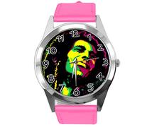 Orologio rotondo in pelle rosa caldo per i fan del reggae, Rosa acceso