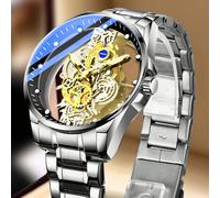 Orologio scheletro in acciaio inossidabile 316 dorato impermeabile da 50 m con movimento automatico importato dal Giappone - Ingranaggio meccanico di alta qualità incorporato a lunga durata, mani lumi