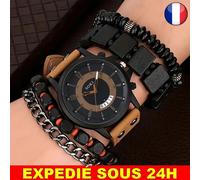 ✅ Orologio SOKI + 4 Bracciali Quarzo Pelle Marrone Uomo Set Gioielli Accessori
