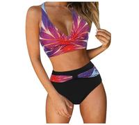 Orologio sportivo da donna a vita alta, costume da bagno sexy push-up doppio, costume da bagno in due pezzi retrò con stampa increspata, top a vita alta con scritta, Rosso anguria., XXL