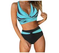 Orologio sportivo da donna a vita alta, costume da bagno sexy push-up doppio, costume da bagno in due pezzi retrò con stampa increspata, top a vita alta con scritta, Verde menta, M