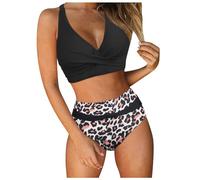 Orologio sportivo da donna a vita alta, costume da bagno sexy push-up doppio, costume da bagno in due pezzi retrò con stampa increspata, top a vita alta con scritta, Nero , L