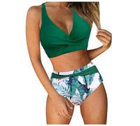 Orologio sportivo da donna a vita alta, costume da bagno sexy push-up doppio, costume da bagno in due pezzi retrò con stampa increspata, top a vita alta con scritta, verde, L