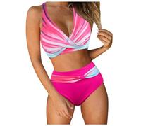 Orologio sportivo da donna a vita alta, costume da bagno sexy push-up doppio, costume da bagno in due pezzi retrò con stampa increspata, top a vita alta con scritta, rosa intenso, XL