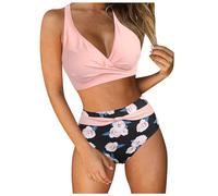 Orologio sportivo da donna a vita alta, costume da bagno sexy push-up doppio, costume da bagno in due pezzi retrò con stampa increspata, top a vita alta con scritta, Colore: rosa., XXL