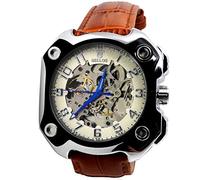 Orologio uomo Automatico Pelle Marrone Carre grandi quadrante argento scheletro Mode